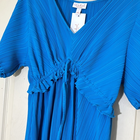 NWT Aqua Blue Pleated Midi Dress Drawstring Waist Size Large - Picture 6 of 9